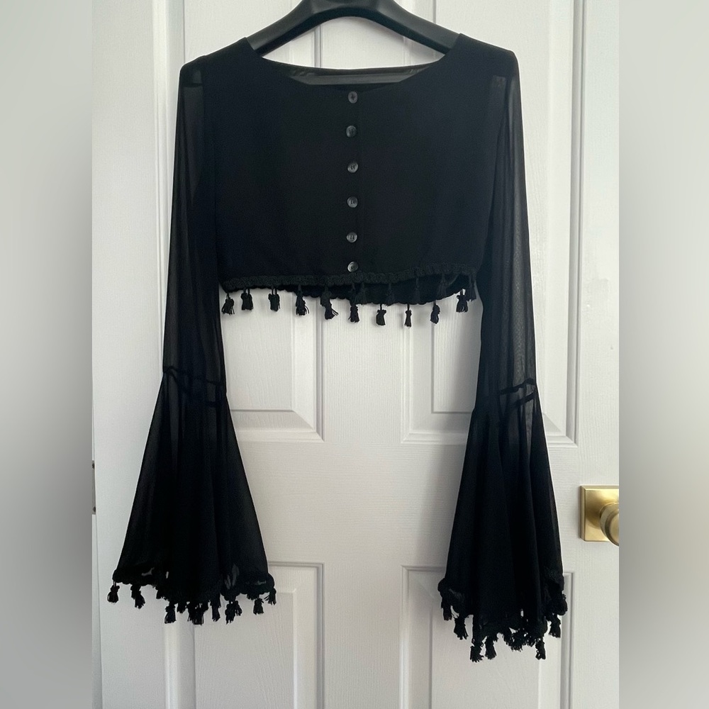 EUC Rare Vintage Dolce & Gabbana Sheer Black Top w/Tassels & Bell Sleeves IT 42 - Picture 12 of 13